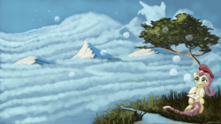 Size: 1600x900 | Tagged: safe, artist:auroriia, fluttershy, pegasus, pony, beret, cloud, cloudy, mountain, mountain range, paintbrush, river, scenery, sky, stars, stream, tree