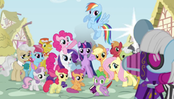 Size: 1024x580 | Tagged: safe, derpibooru import, edit, apple bloom, applejack, big macintosh, carrot cake, cup cake, fluttershy, granny smith, mayor mare, photo finish, pinkie pie, rainbow dash, rarity, scootaloo, spike, sweetie belle, twilight sparkle, twilight sparkle (alicorn), zecora, alicorn, dragon, earth pony, pegasus, pony, unicorn, zebra, cutie mark crusaders, female, intro, mane six, mare, opening, opening credits, the ruins of golden oaks library