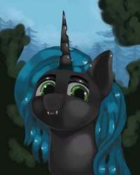 Size: 1920x2400 | Tagged: safe, artist:meodaiduoi, queen chrysalis, changeling, changeling queen, pony, bared teeth, bust, day, fangs, female, forest, looking at you, pine tree, portrait, tree