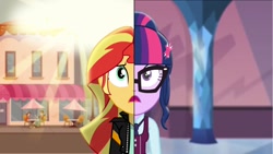 Size: 1600x900 | Tagged: safe, artist:wawtoons, normal norman, sci-twi, scott green, sunset shimmer, twilight sparkle, equestria girls, friendship games, clothes, deleted scene, duet, glasses, open mouth, scene interpretation, school uniform, singing, split screen, vector, what more is out there