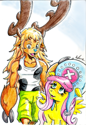 Size: 741x1079 | Tagged: safe, artist:irie-mangastudios, fluttershy, anthro, reindeer, choppershy, colored pencil drawing, crossover, hat, one piece, tony tony chopper, traditional art