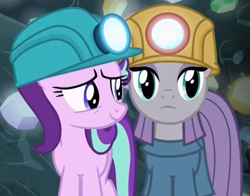 Size: 670x524 | Tagged: safe, screencap, maud pie, starlight glimmer, pony, rock solid friendship, cave, cropped, duo, gem, hard hat, maudalina daisy pie