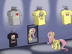 Size: 2400x1800 | Tagged: safe, artist:steedburst, fluttershy, pegasus, pony, clothes, merchandise, mirror, photo, plot, shirt, solo, store