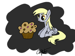 Size: 1024x768 | Tagged: safe, artist:th3applejack, derpy hooves, pegasus, pony, abstract background, cute, digital art, muffin, sitting, solo