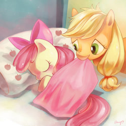 Size: 1024x1024 | Tagged: safe, artist:amy30535, apple bloom, applejack, earth pony, pony, apple family reunion, bed, blanket, female, good night, goodnight, sisters, sleeping, tucking in