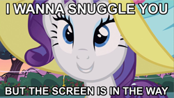 Size: 1024x576 | Tagged: safe, rarity, pony, unicorn, bronybait, fourth wall, image macro, imma snuggle you, solo