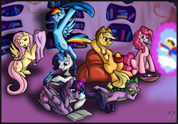 Size: 2540x1769 | Tagged: safe, artist:stormblaze-pegasus, derpibooru import, applejack, fluttershy, pinkie pie, rainbow dash, rarity, spike, twilight sparkle, twilight sparkle (alicorn), alicorn, dragon, earth pony, pegasus, pony, unicorn, book, brush, female, golden oaks library, levitation, magic, mane six, mare, pillow fight, sleepover