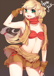 Size: 920x1302 | Tagged: safe, artist:loyproject, applejack, human, armpits, bandeau, belly button, clothes, cowboy vest, elf ears, elfification, female, fingerless gloves, gloves, humanized, midriff, short skirt, simple background, skirt, solo
