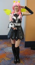 Size: 542x1000 | Tagged: safe, fluttershy, private pansy, human, armor, armor skirt, boots, clothes, convention:eqla, cosplay, eqla, equestria la, irl, irl human, photo, shoes, skirt, solo