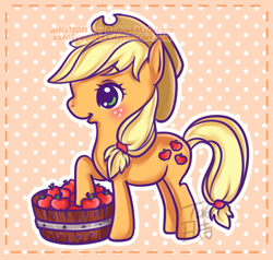 Size: 687x654 | Tagged: safe, artist:tokibuni, applejack, earth pony, pony, apple, raised hoof, solo, watermark