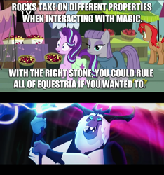 Size: 1280x1366 | Tagged: safe, edit, edited screencap, screencap, cherry spices, maud pie, starlight glimmer, storm king, earth pony, pony, unicorn, my little pony: the movie, rock solid friendship, background pony, female, fridge horror, mare, market, meme, obsidian orb, staff, staff of sacanas, text, the implications are horrible, this will end in tears, unfortunate implications