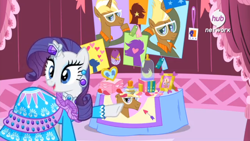 Size: 1920x1080 | Tagged: safe, screencap, rarity, trenderhoof, pony, unicorn, simple ways, bell jar, clothes, dress, fanfilly, horn ring, pointing, shrine, smiling