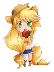 Size: 576x768 | Tagged: safe, artist:lulu-fly, applejack, apple, chibi, cute, eared humanization, humanized, jackabetes, obligatory apple, simple background, solo, tailed humanization