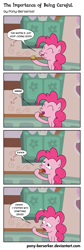 Size: 1152x3411 | Tagged: safe, artist:pony-berserker, pinkie pie, earth pony, pony, comic:the importance of being careful, 2013, comic, dialogue, disgusted, eating, english, eww, female, food, gross, hoof hold, hoof licking, hoof licking good, hooves, humor, implied poop, indoors, inkscape, licking, lidded eyes, mare, mmh, monologue, muffin, onomatopoeia, open mouth, raised hoof, raised leg, sitting, smiling, solo, speech bubble, sugarcube corner, tongue out, vector