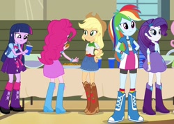 Size: 1512x1080 | Tagged: safe, derpibooru import, screencap, applejack, fluttershy, pinkie pie, rainbow dash, rarity, twilight sparkle, twilight sparkle (alicorn), alicorn, equestria girls, rainbow rocks, backpack, boots, bowtie, bracelet, clothes, cookie, cowboy hat, cropped, cup, denim skirt, food, hand on hip, hat, high heel boots, humane five, humane six, humans doing horse things, jacket, jewelry, leather jacket, leg warmers, mane six, punch (drink), punch bowl, rear view, shoes, skirt, socks, stetson, table, wristband
