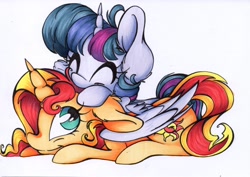 Size: 2454x1734 | Tagged: safe, artist:cutepencilcase, sunset shimmer, twilight sparkle, twilight sparkle (alicorn), alicorn, pony, unicorn, :t, cuddling, cute, eyes closed, female, floppy ears, fluffy, hug, lesbian, looking up, lying down, mare, pony hat, prone, shimmerbetes, shipping, simple background, smiling, snuggling, sunsetsparkle, traditional art, twiabetes, winghug