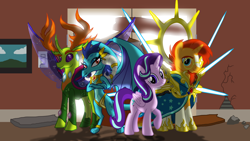 Size: 4000x2250 | Tagged: safe, artist:crisostomo-ibarra, dragon lord ember, princess ember, starlight glimmer, sunburst, thorax, alicorn, changedling, changeling, dragon, fanfic:revelations of the apocalypse, alicornified, alternate timeline, armor, fanfic art, group, king thorax, race swap, starlicorn, the twirageous saga, xk-class end-of-the-world scenario