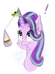 Size: 3000x4000 | Tagged: safe, artist:yinglongfujun, starlight glimmer, frog, pony, unicorn, cake, exclamation point, floating, food, glowing horn, solo