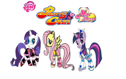 Size: 1024x643 | Tagged: safe, artist:omegaridersangou, derpibooru import, fluttershy, rarity, twilight sparkle, pegasus, pony, unicorn, 2005, cure black, cure white, futari wa precure, precure, pretty cure, pretty cure max heart, shiny luminous