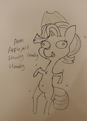 Size: 1344x1881 | Tagged: safe, artist:tjpones, starlight glimmer, pony, unicorn, bipedal, black and white, chest fluff, dialogue, grayscale, howdy, impersonating, implied applejack, lineart, meme, monochrome, silly, silly pony, solo, special eyes, toy story, traditional art