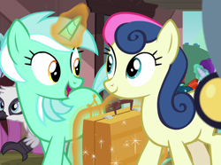 Size: 1302x967 | Tagged: safe, screencap, bon bon, lyra heartstrings, natalya, starlight glimmer, sunburst, sweetie drops, earth pony, griffon, pony, unicorn, uncommon bond, background pony, cropped, female, levitation, magic, mare, ponies standing next to each other, suitcase, telekinesis