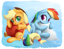 Size: 1650x1275 | Tagged: safe, artist:opticspectrum, derpibooru import, applejack, rainbow dash, earth pony, pegasus, pony, apple, cloud, cloudy, hug