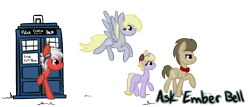 Size: 700x300 | Tagged: safe, artist:lilliesinthegarden, derpy hooves, dinky hooves, doctor whooves, oc, oc:secretagentpony, pegasus, pony, ask emberbell, banner, cute, female, mare, tardis