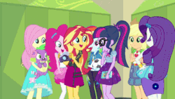 Size: 800x450 | Tagged: safe, derpibooru import, screencap, applejack, fluttershy, pinkie pie, rainbow dash, rarity, sci-twi, spike, spike the regular dog, sunset shimmer, twilight sparkle, dog, better together, equestria girls, forgotten friendship, animated, camera, cap, clothes, converse, discovery family, discovery family logo, diving suit, feet, gif, hat, humane five, humane seven, humane six, mane six, midriff, sandals, selfie, shoes, shorts, smiling, sun hat, swimsuit, wetsuit