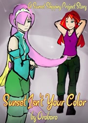 Size: 739x1024 | Tagged: safe, artist:magello, fluttershy, sunset shimmer, equestria girls, armpits, clothes, cover, dress, fanfic, fanfic art, female, humanized, lesbian, midriff, shipping, sunshyne