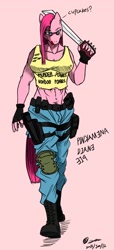 Size: 1000x2200 | Tagged: safe, artist:gasmaskfox, pinkie pie, anthro, clothes, machete, pinkamena diane pie, solo