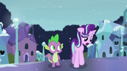 Size: 1280x720 | Tagged: safe, screencap, spike, starlight glimmer, dragon, pony, unicorn, the crystalling, building, cloud, crystal empire, female, floppy ears, frown, mare, open mouth, outdoors, sad, snow, snowfall, streetlight, walking, winter