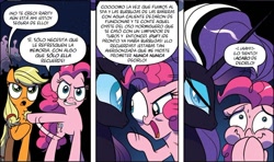 Size: 948x561 | Tagged: safe, idw, applejack, nightmare rarity, pinkie pie, earth pony, pony, spoiler:comic, official, spanish, translation