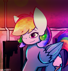 Size: 940x984 | Tagged: safe, artist:wolfkrft, derpibooru import, rainbow dash, pegasus, pony, alley, downtown, female, signature, smiling, solo