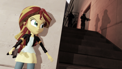 Size: 1920x1080 | Tagged: safe, artist:razethebeast, sunset shimmer, equestria girls, 3d, clothes, guard, gun, hiding, leather jacket, source filmmaker, stairs, weapon
