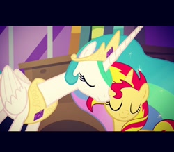 Size: 1370x1200 | Tagged: safe, edit, edited screencap, screencap, princess celestia, sunset shimmer, pony, equestria girls, cute, duo, horses doing horse things, hug, momlestia, nuzzling