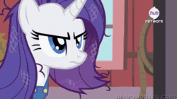 Size: 480x268 | Tagged: safe, screencap, rarity, pony, unicorn, simple ways, animated, country rarity, cracked hooves, dirty, frown, glare, hub logo, hubble, messy mane, overalls, rarihick, rope, solo, talking, the hub