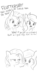 Size: 1650x3300 | Tagged: safe, artist:tjpones, derpibooru import, rainbow dash, rarity, pegasus, pony, unicorn, bust, comic, dialogue, duo, duo female, female, grayscale, implied fluttershy, insensitivity, mare, missing the point, misspelling, monochrome, rarity is not amused, simple background, unamused, white background