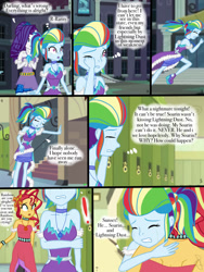 Size: 768x1024 | Tagged: safe, artist:ilaria122, derpibooru import, rainbow dash, rarity, sunset shimmer, comic:a mysterious rival, equestria girls, alternate hairstyle, crying, geode of empathy, geode of shielding, geode of super speed, magical geodes
