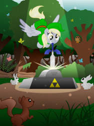 Size: 1024x1365 | Tagged: safe, artist:aleximusprime, derpy hooves, butterfly, owl, pegasus, pony, rabbit, squirrel, female, flying, forest, gritted teeth, link, mare, master sword, mouth hold, parody, pedestal, pulling, the legend of zelda, triforce