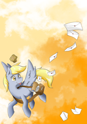 Size: 800x1142 | Tagged: safe, artist:yoonny92, derpy hooves, pegasus, pony, female, flying, letter, mailbag, mare, solo