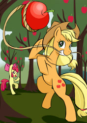 Size: 2480x3507 | Tagged: safe, artist:immeruman, apple bloom, applejack, earth pony, pony, apple, pixiv