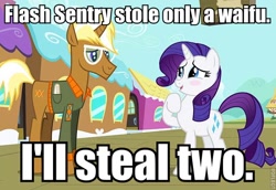 Size: 640x440 | Tagged: safe, edit, edited screencap, screencap, rarity, trenderhoof, pony, unicorn, simple ways, blushing, caption, exploitable meme, eye contact, female, image macro, male, mare, meme, nervous, open mouth, raised hoof, shy, smiling, stallion, text, waifu, waifu thief