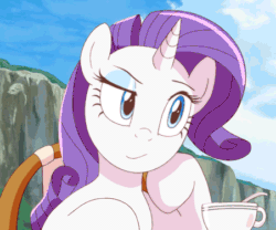 Size: 451x376 | Tagged: safe, artist:deannart, edit, rarity, pony, unicorn, animated, blinking, chair, cropped, cup, female, frame by frame, inverted mouth, mare, raised eyebrow, reaction image, sitting, sky, table, tea