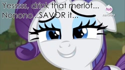 Size: 1280x720 | Tagged: safe, edit, edited screencap, screencap, rarity, pony, unicorn, bedroom eyes, caption, female, foodplay, heart eyes, implied shipping, mare, out of context, shout out, solo, wine, wingding eyes