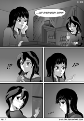 Size: 1100x1580 | Tagged: safe, artist:g-glory, sunset shimmer, twilight sparkle, comic:up late, equestria girls, rainbow rocks, alternate costumes, blushing, clothes, comic, female, lesbian, manga, monochrome, pajamas, sad, scene interpretation, shipping, sunsetsparkle