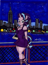 Size: 1381x1867 | Tagged: safe, artist:newyorkx3, starlight glimmer, anthro, unicorn, breasts, building, city, cleavage, clothes, dress, female, lights, night, purse, sexy, ship, smiling, solo, stars, traditional art, water