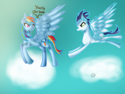 Size: 1024x768 | Tagged: safe, artist:commandereclipse, derpibooru import, rainbow dash, soarin', pegasus, pony, cloud, female, male, shipping, soarindash, straight