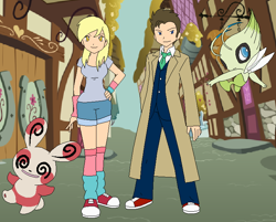 Size: 724x581 | Tagged: safe, artist:selenaede, derpy hooves, doctor whooves, human, celebi, converse, crossover, humanized, pokémon, spinda, tenth doctor