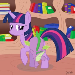 Size: 1024x1024 | Tagged: safe, artist:mistergi, derpibooru import, spike, twilight sparkle, dragon, riding