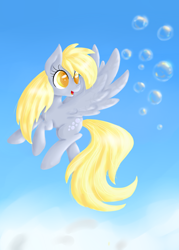 Size: 2500x3500 | Tagged: safe, artist:pumpkinkikile, derpy hooves, pegasus, pony, bubble, female, mare, solo